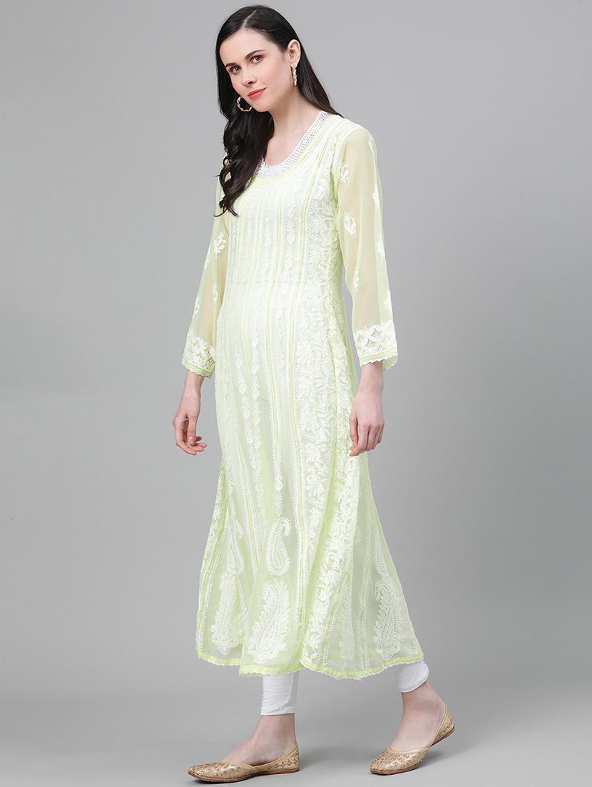 ada hand-embroidered green chikankari anarkali kurta - 17665887 - Zoom Image - 2