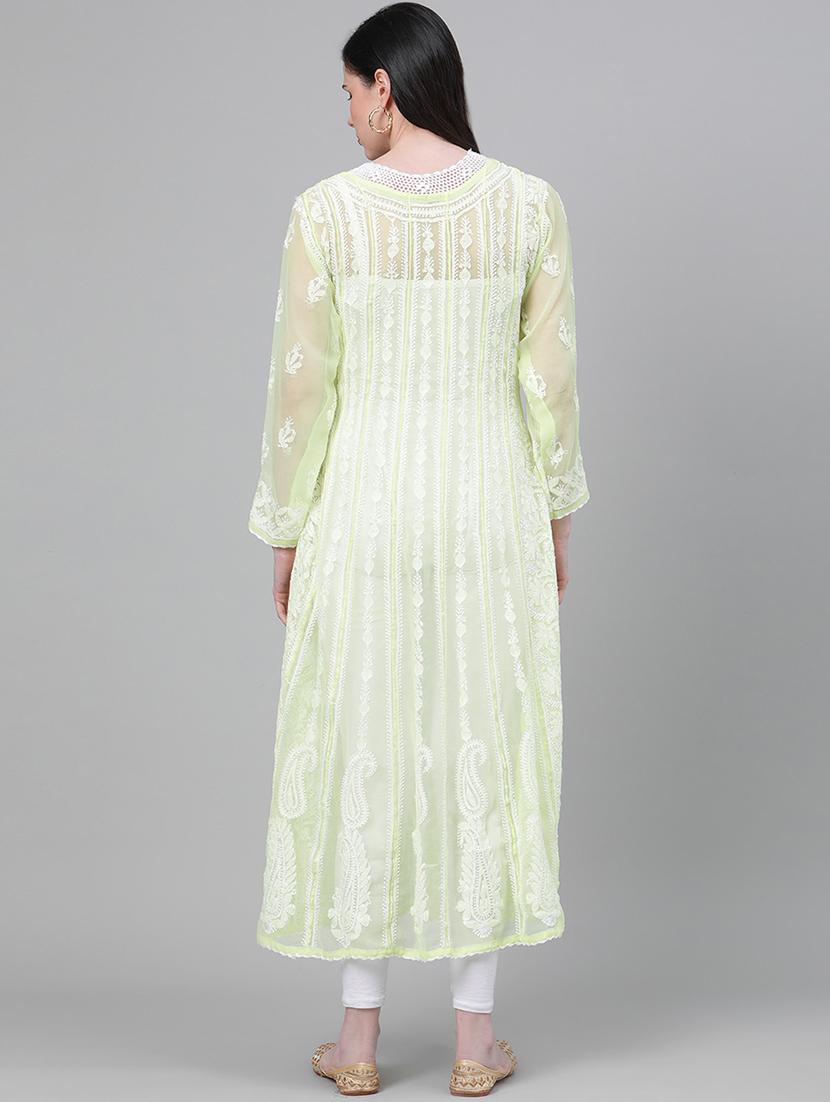 ada hand-embroidered green chikankari anarkali kurta - 17665887 - Zoom Image - 3
