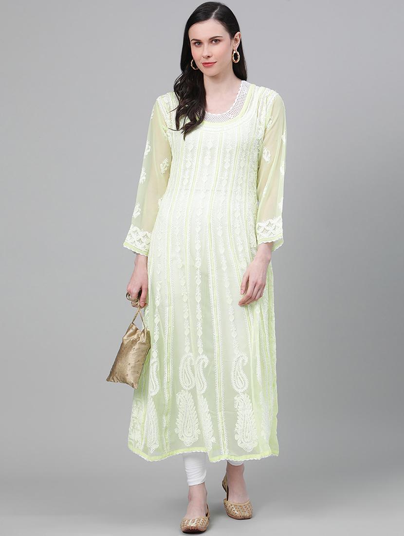 ada hand-embroidered green chikankari anarkali kurta - 17665887 - Zoom Image - 4