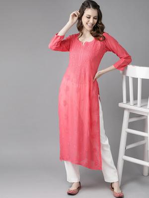 ada hand-embroidered pink chikankari kurta - 17665890 - Standard Image - 4