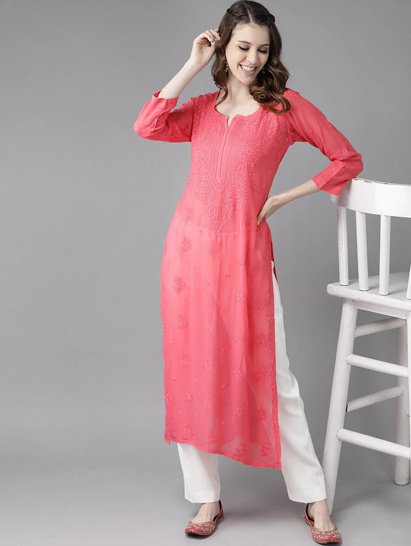 ada hand-embroidered pink chikankari kurta - 17665890 - Zoom Image - 4