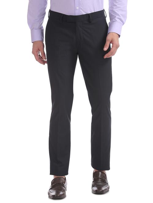navy blue solid flat front formal trouser - 17667232 - Standard Image - 1