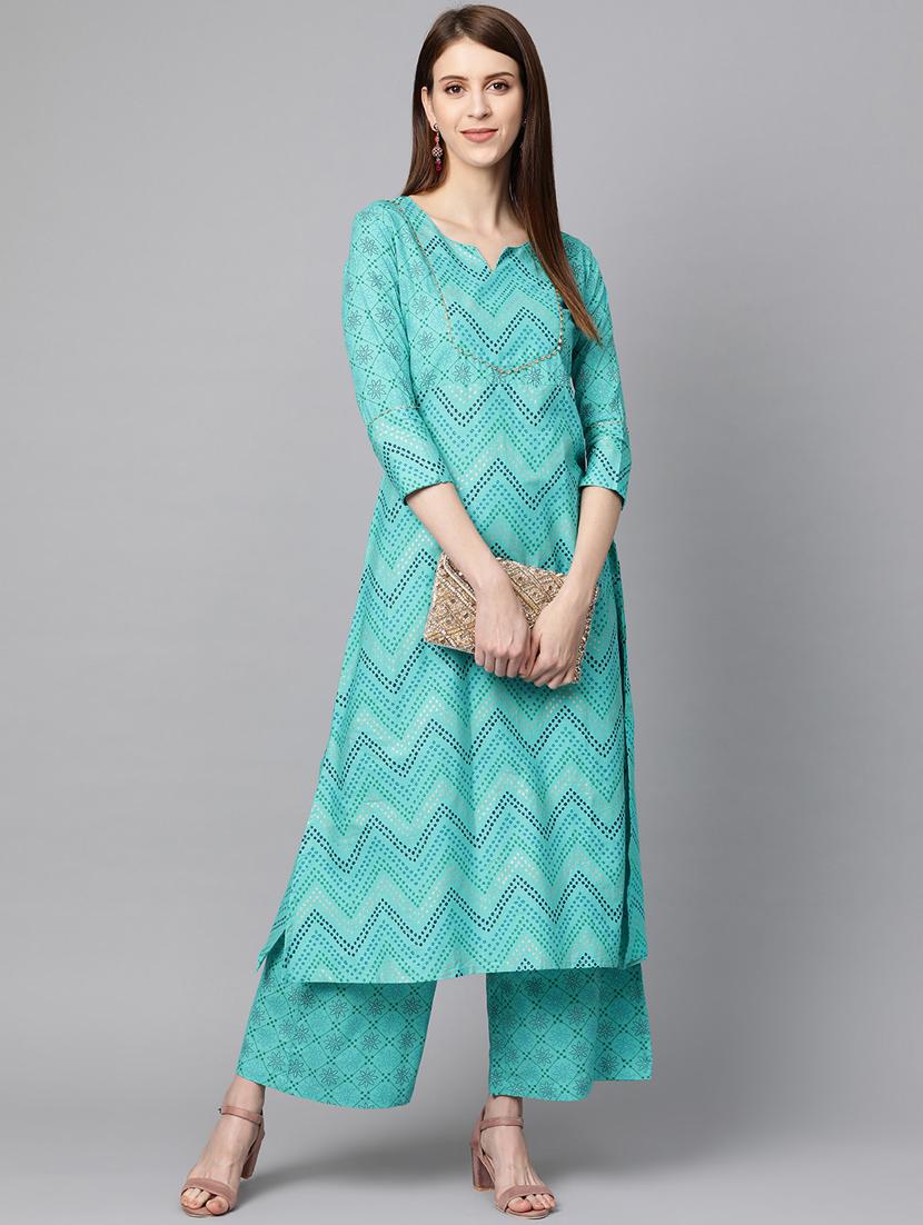 blue cotton kurta palazzo set - 17668642 - Zoom Image - 2