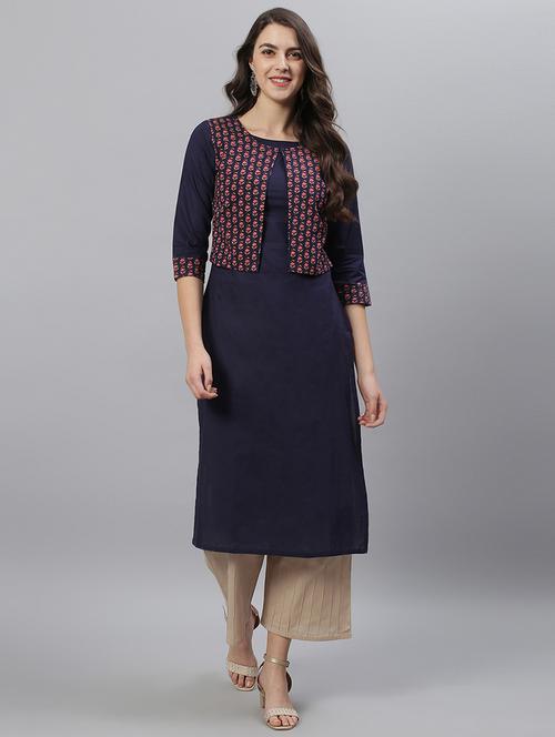 navy cotton layered kurta - 17668685 - Standard Image - 1