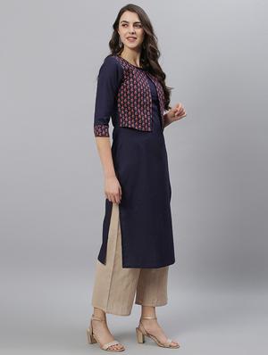 navy cotton layered kurta - 17668685 - Standard Image - 2