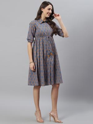 drawstring waist printed flared dress - 17668710 - Standard Image - 2