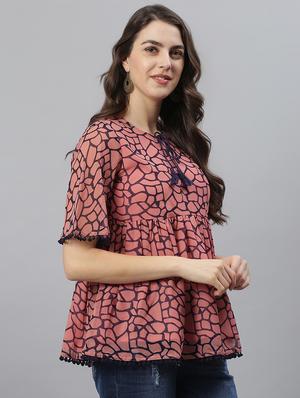 tie up neck printed top - 17668757 - Standard Image - 2