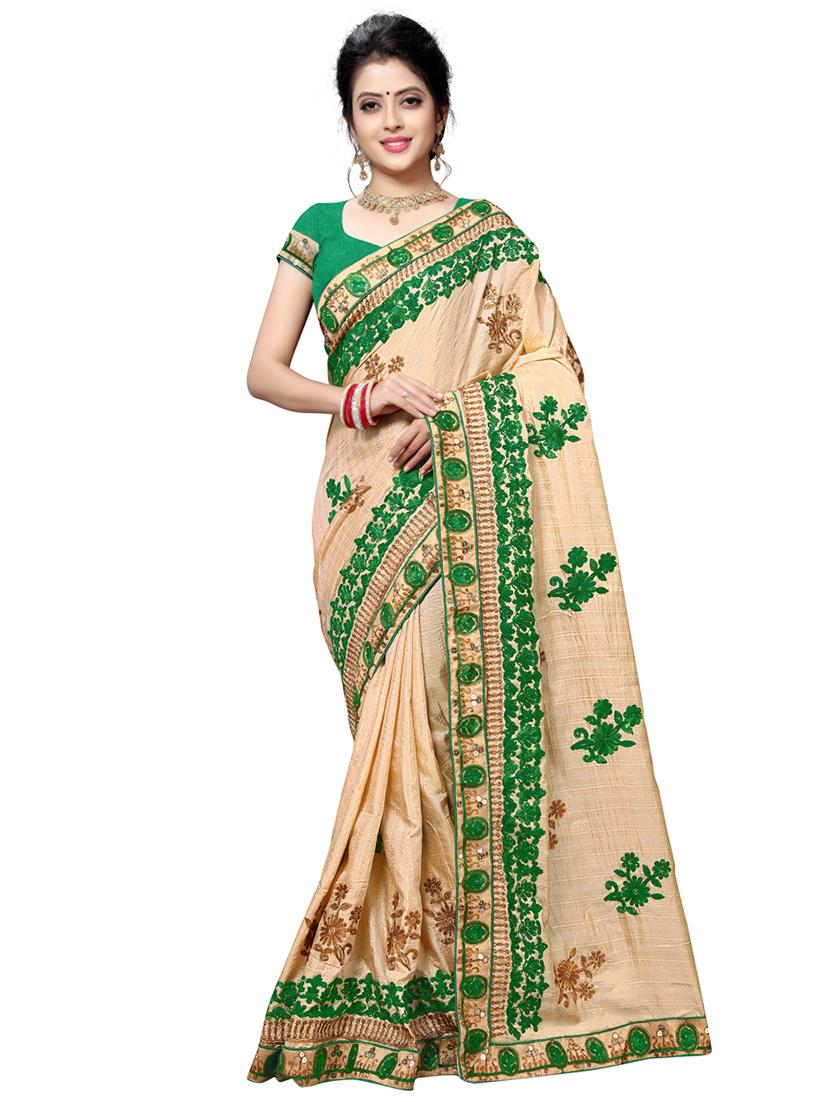 cream silk blend embroidered saree with blouse - 17668933 - Zoom Image - 1
