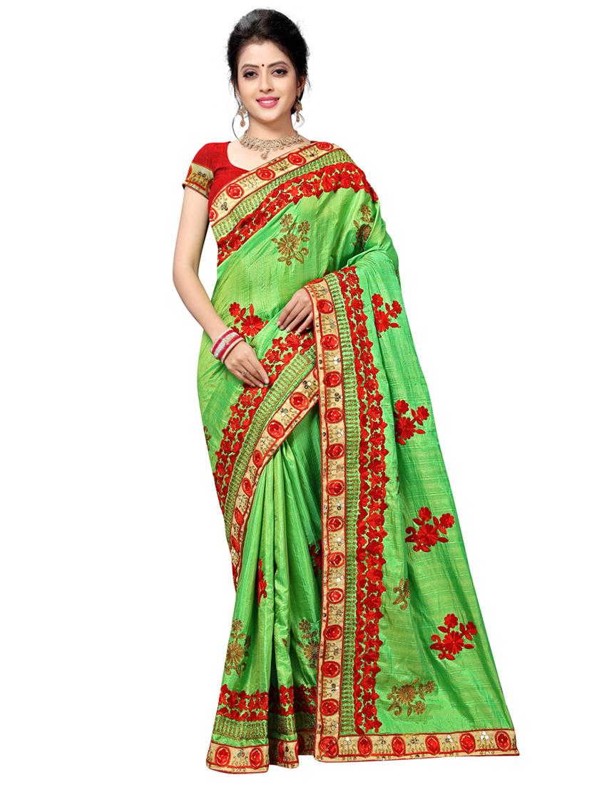 green silk blend embroidered saree with blouse - 17668936 - Zoom Image - 1
