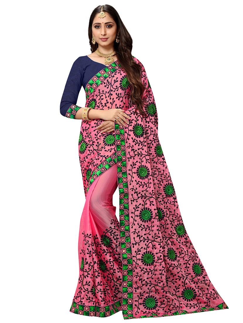 pink chiffon embroidered saree with blouse - 17668960 - Zoom Image - 1