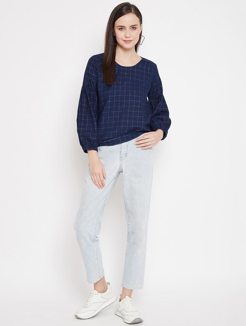 round neck checkered top - 17669458 - Zoom Image - 4