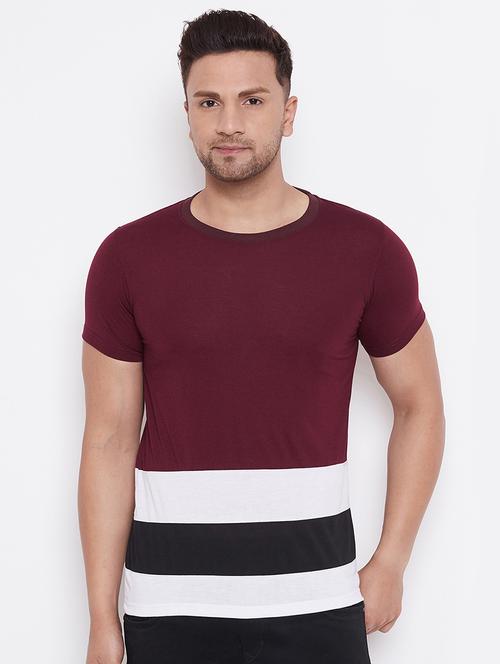 maroon color block cut & sew t-shirt - 17669499 - Standard Image - 1