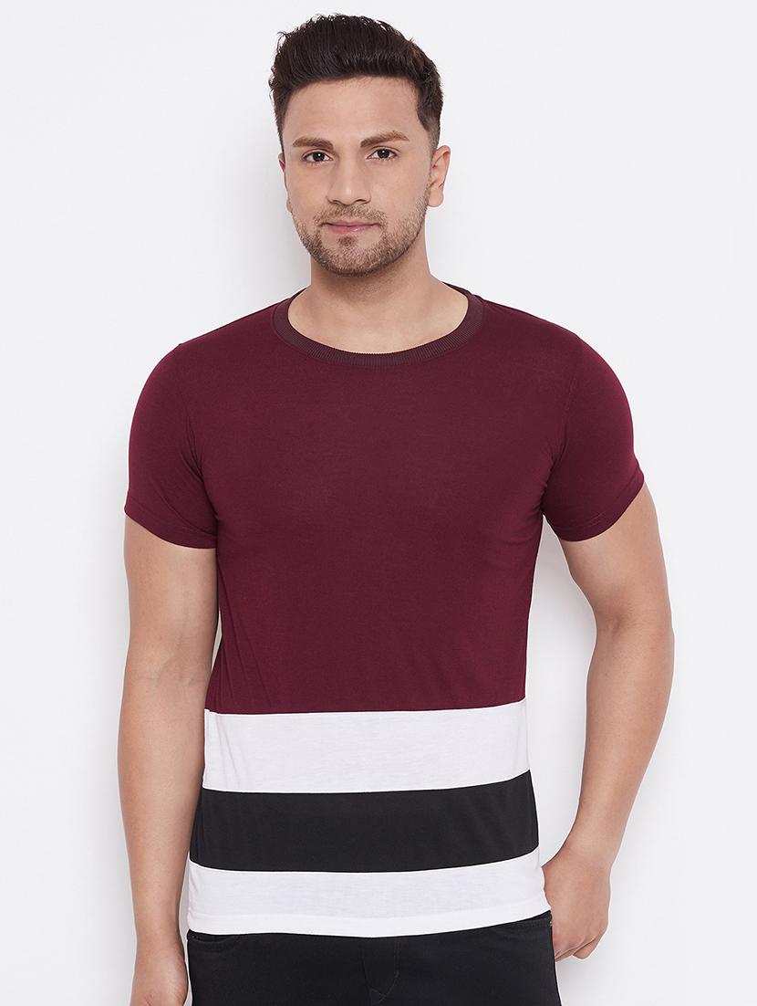 maroon color block cut & sew t-shirt - 17669499 - Zoom Image - 1