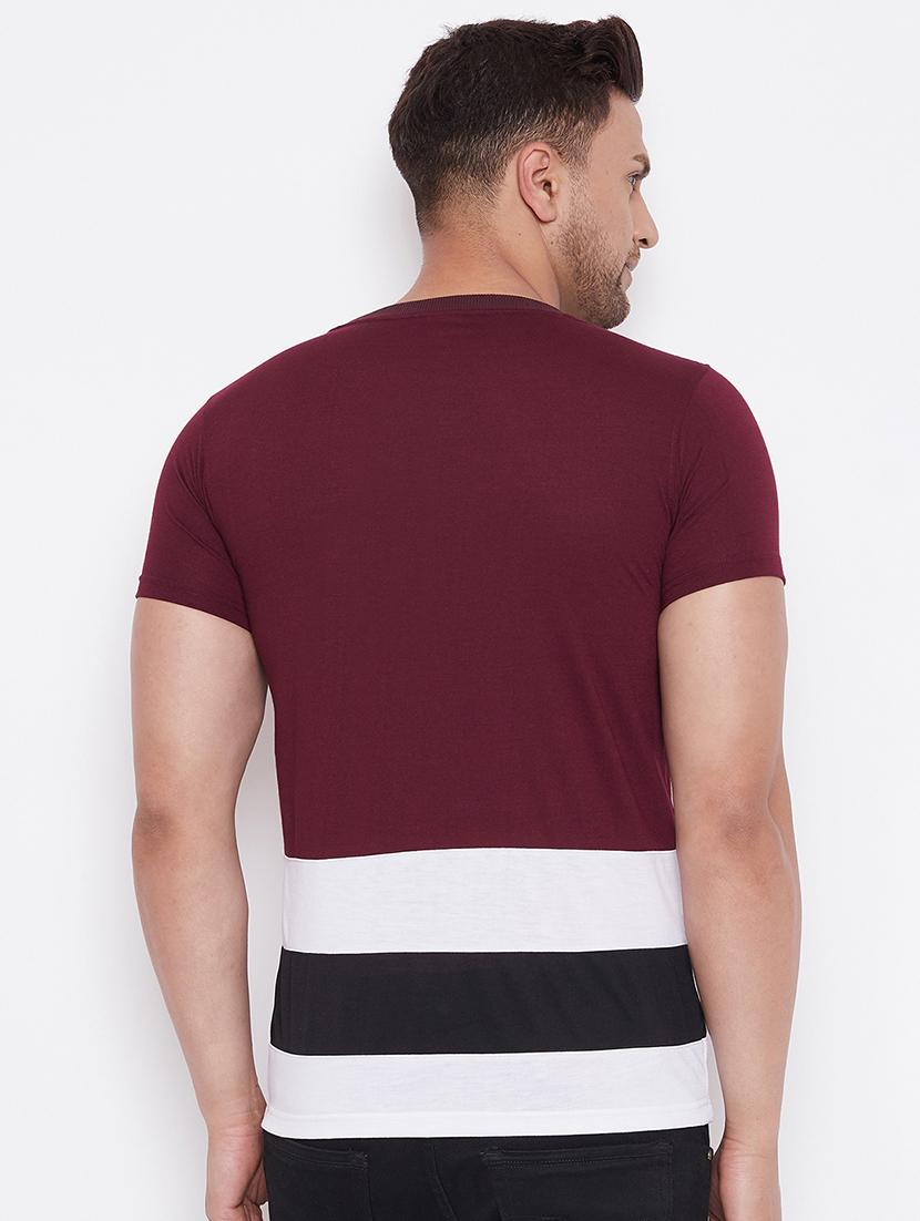 maroon color block cut & sew t-shirt - 17669499 - Zoom Image - 3