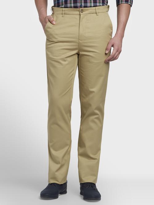 khaki solid flat front casual trouser - 17669645 - Standard Image - 1