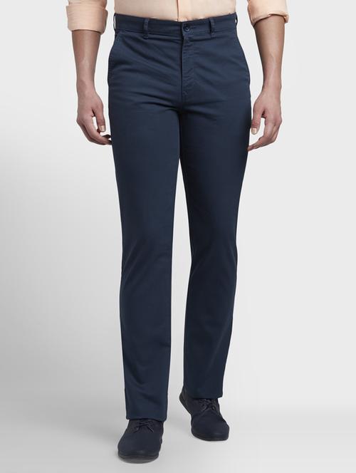 navy blue solid flat front casual trouser - 17669652 - Standard Image - 1