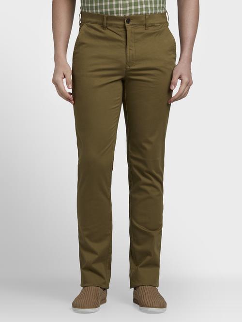khaki solid flat front casual trouser - 17669653 - Standard Image - 1
