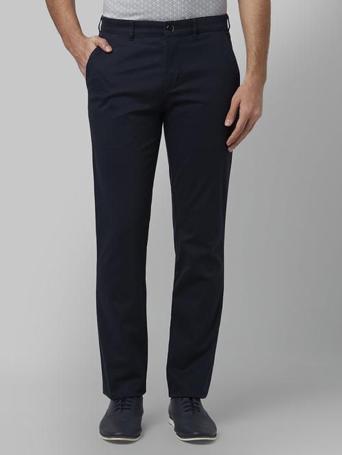 navy blue solid flat front casual trouser - 17669673 - Standard Image - 1