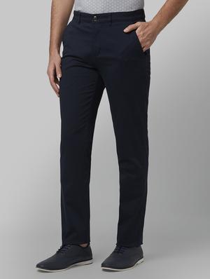 navy blue solid flat front casual trouser - 17669673 - Standard Image - 2