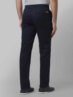 navy blue solid flat front casual trouser - 17669673 - Standard Image - 3
