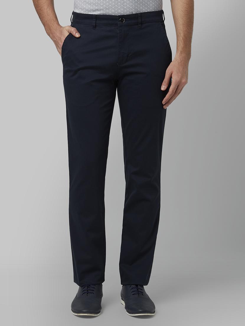 navy blue solid flat front casual trouser - 17669673 - Zoom Image - 1
