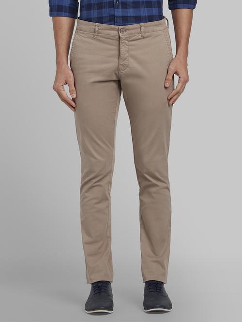 beige solid flat front casual trouser - 17669955 - Standard Image - 1