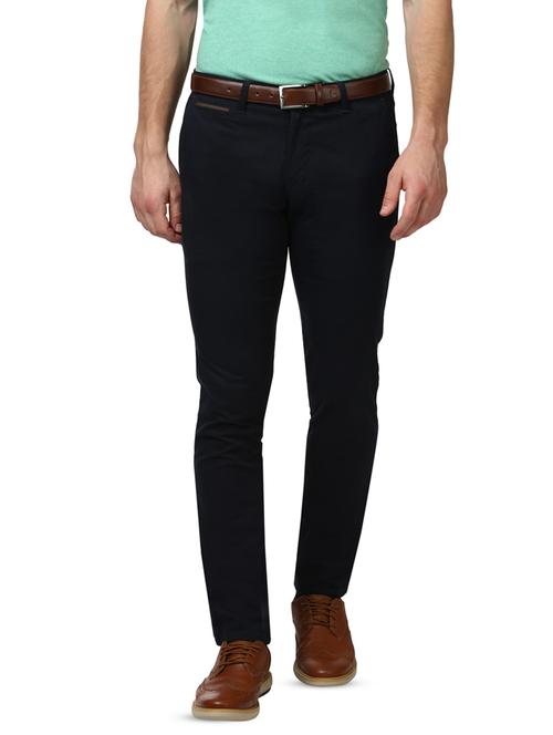 navy blue solid flat front casual trouser - 17669977 - Standard Image - 1