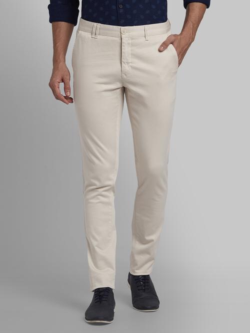 cream solid flat front casual trouser - 17670012 - Standard Image - 1