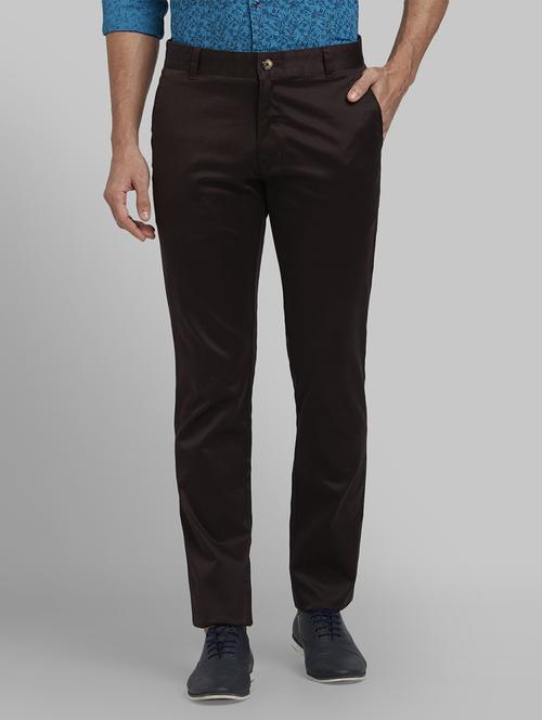 brown solid flat front casual trouser - 17670019 - Standard Image - 1