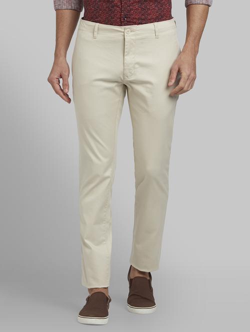 cream solid flat front casual trouser - 17670025 - Very Small Image - 1