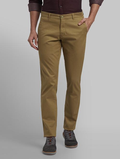 khaki solid flat front casual trouser - 17670061 - Standard Image - 1