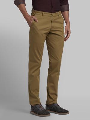 khaki solid flat front casual trouser - 17670061 - Standard Image - 2