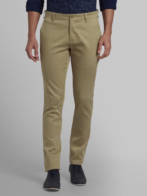 khaki solid flat front casual trouser - 17670066 - Standard Image - 1