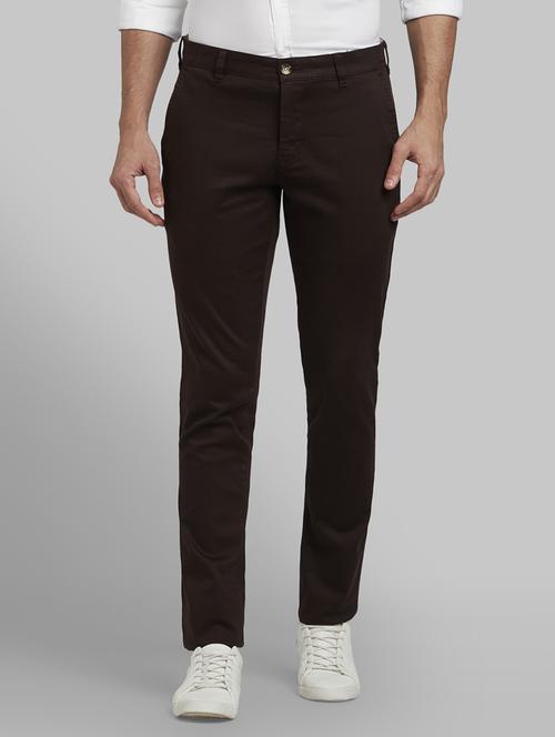 brown solid flat front casual trouser - 17670069 - Standard Image - 1