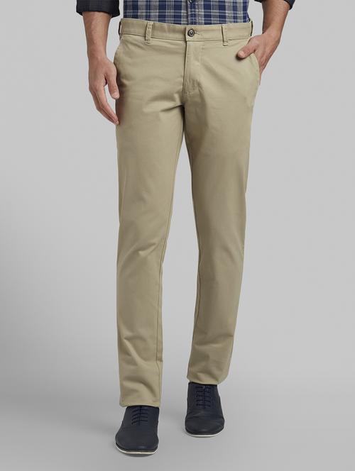 khaki solid flat front casual trouser - 17670078 - Standard Image - 1