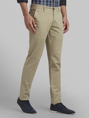 khaki solid flat front casual trouser - 17670078 - Standard Image - 2