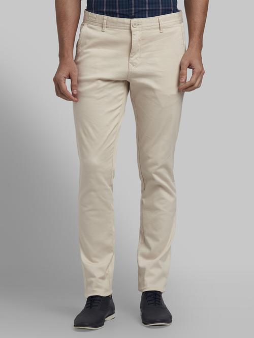 beige solid flat front casual trouser - 17670113 - Standard Image - 1