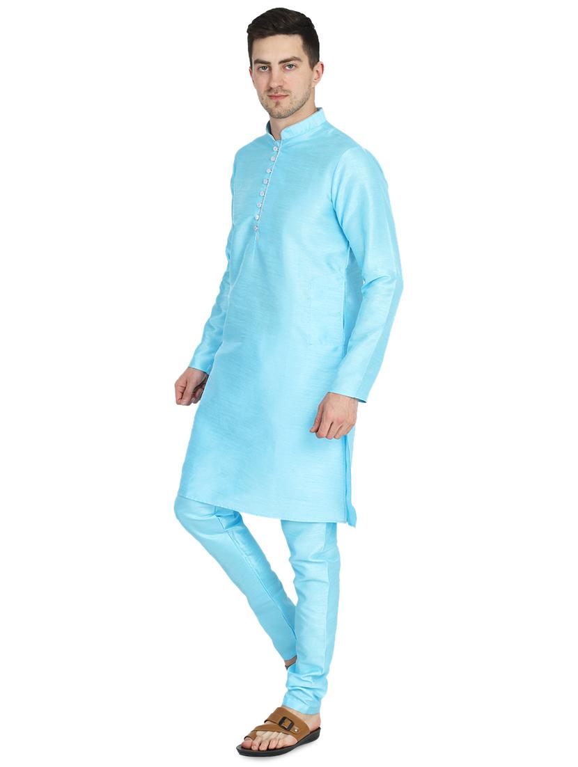 blue solid dupion kurta pyjama set - 17675259 - Zoom Image - 2