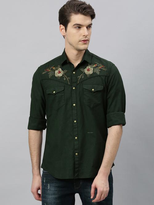 green solid yoke embroidered casual shirt - 17675665 - Standard Image - 1