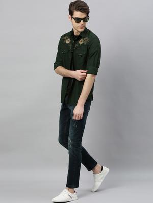 green solid yoke embroidered casual shirt - 17675665 - Standard Image - 4