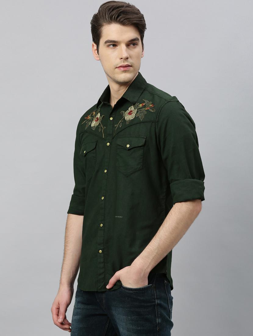 green solid yoke embroidered casual shirt - 17675665 - Zoom Image - 2