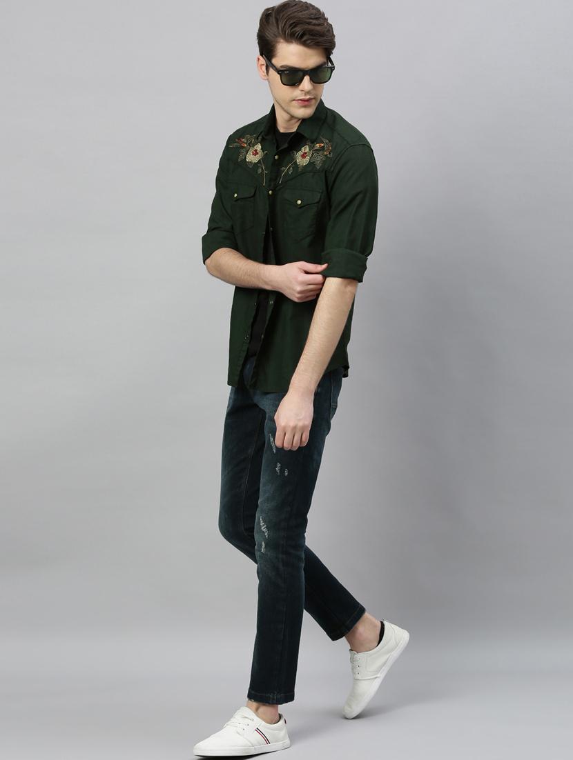 green solid yoke embroidered casual shirt - 17675665 - Zoom Image - 4