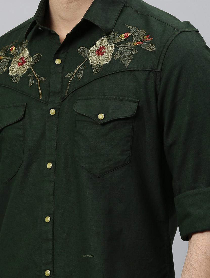 green solid yoke embroidered casual shirt - 17675665 - Zoom Image - 5