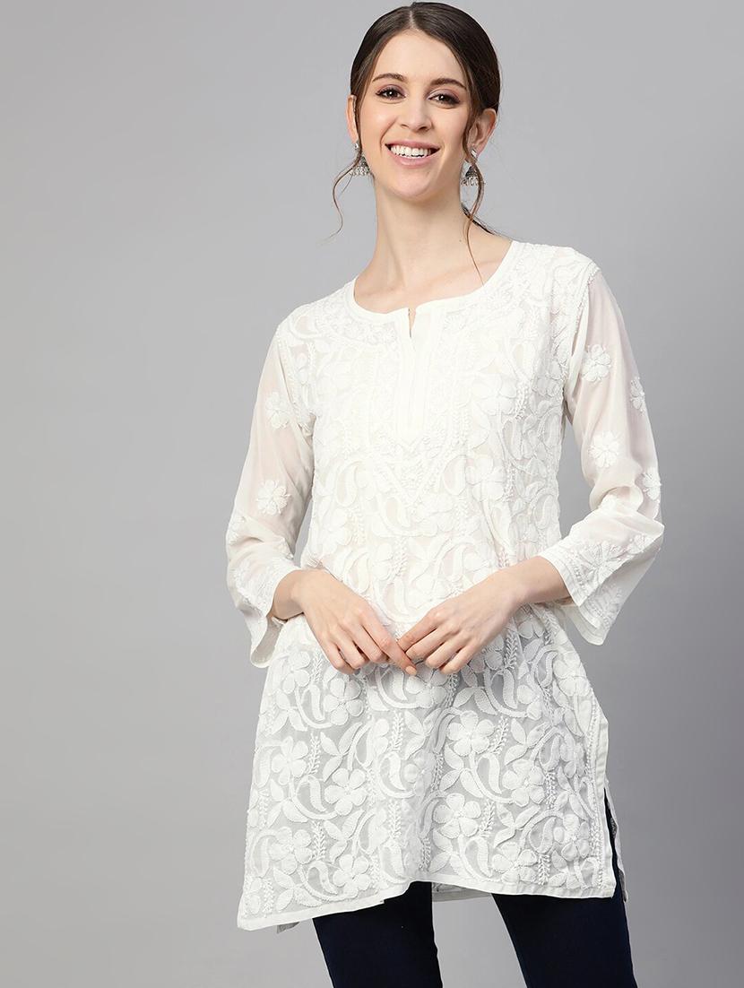 ada hand-embroidered white chikankari kurti - 17678510 - Zoom Image - 1