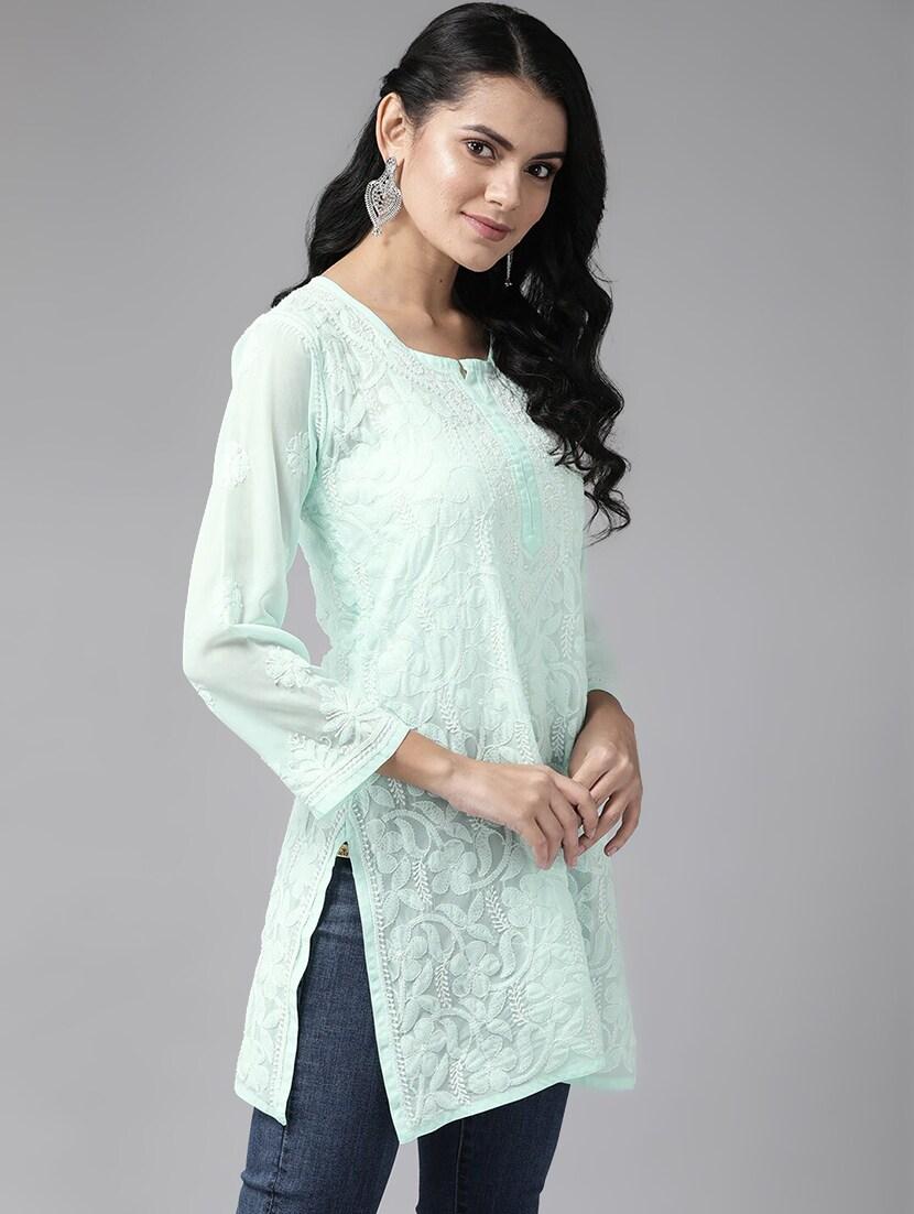 ada hand-embroidered sea green chikankari kurti - 17678511 - Zoom Image - 2