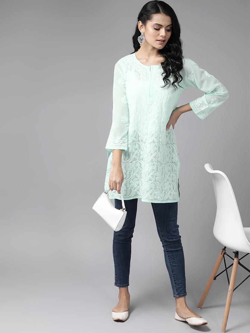 ada hand-embroidered sea green chikankari kurti - 17678511 - Zoom Image - 4