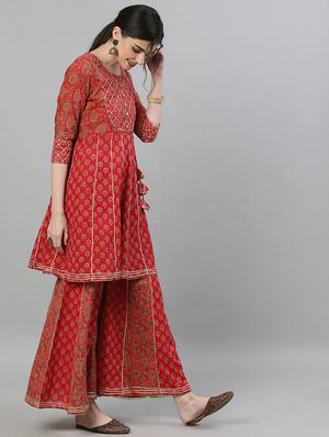 red cotton kurta sharara set - 17679515 - Standard Image - 2