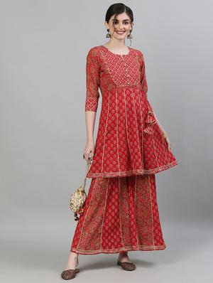 red cotton kurta sharara set - 17679515 - Standard Image - 4