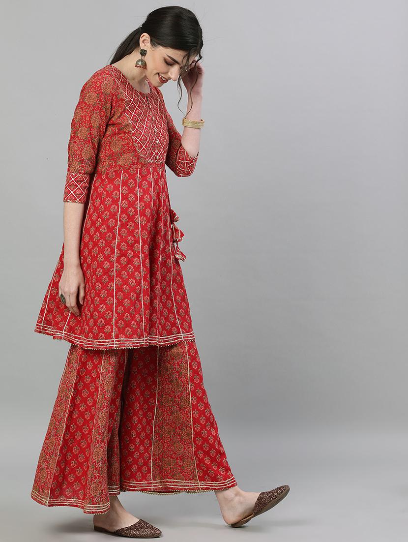 red cotton kurta sharara set - 17679515 - Zoom Image - 2
