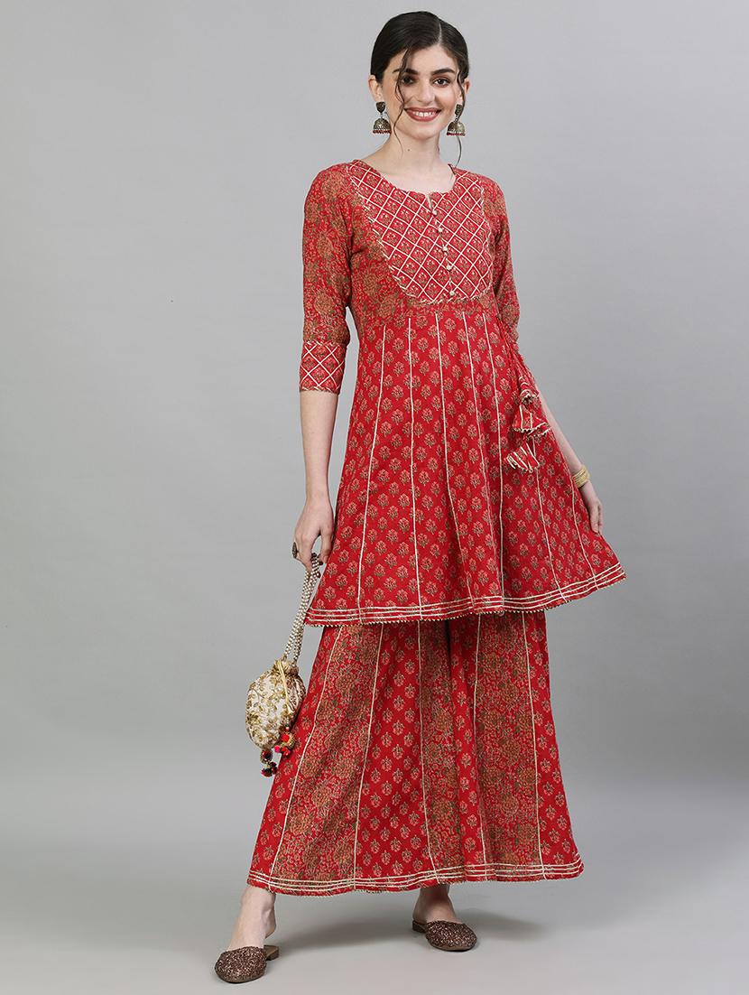 red cotton kurta sharara set - 17679515 - Zoom Image - 4